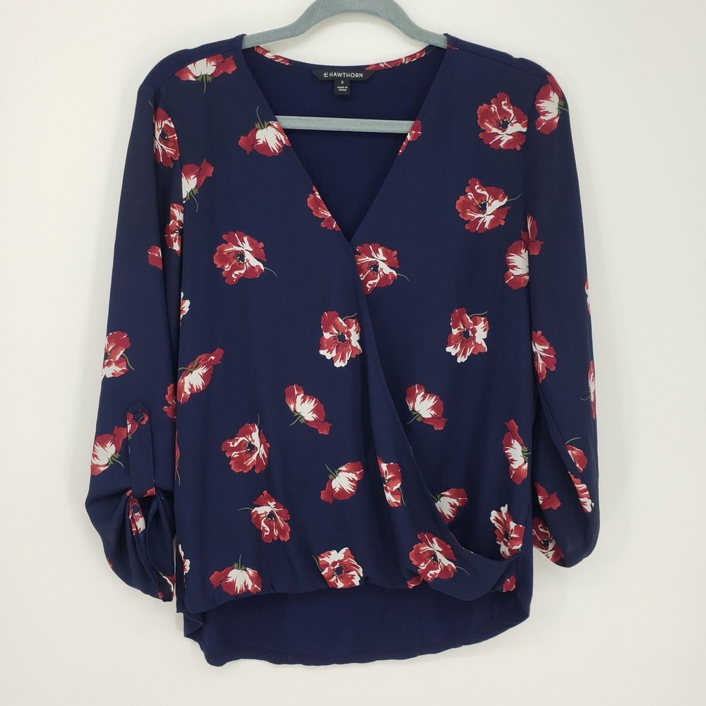 41 Hawthorne Floral Wrap Blouse Top Women's Size S Surplice V‎ Neck Natalie Navy